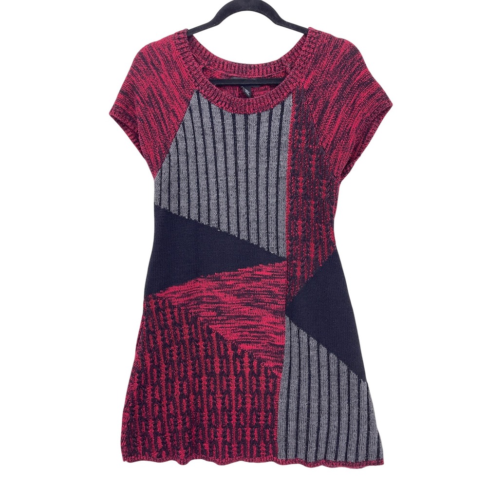 Style & co. Red Black Gray Patchwork Knit Tunic Sweater M Cap Sleeve Geometric